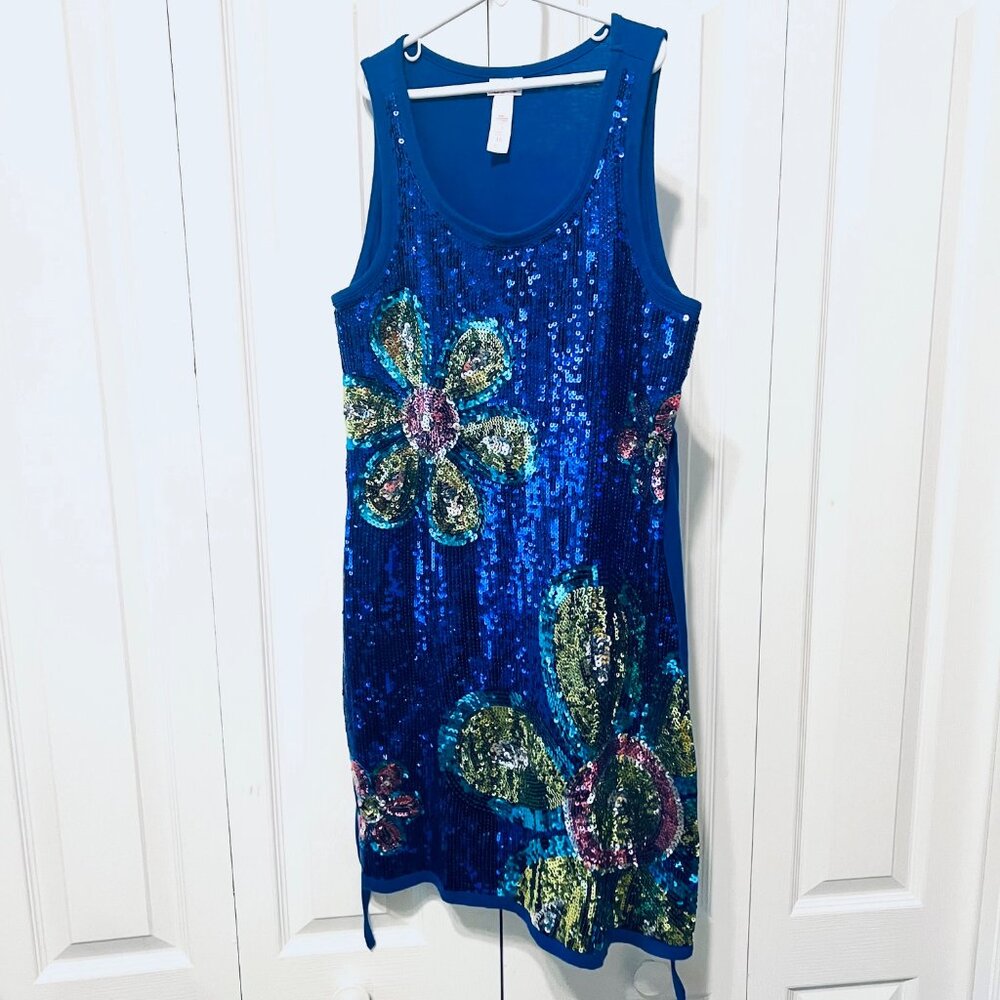 Justice Blue Sequin Shimmering Floral Dress-Sleeveless-Sz.16-Blue/Pink Mix Belt